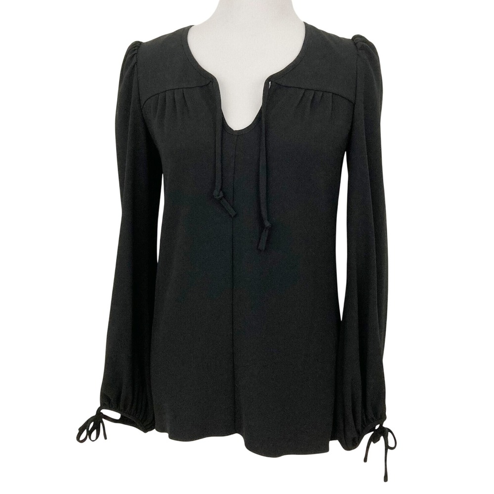 Co Black Crepe Tie Neck Blouse Size S Cuff Ties Long Sleeves Minimalist